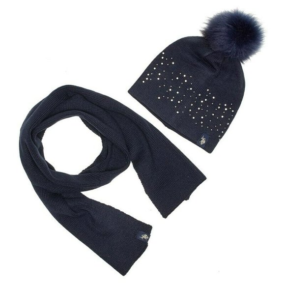 U.S. Polo Assn. Women's Scarf & Pom Pom Hat Set Navy Blue One Size Brand New - Picture 1 of 6